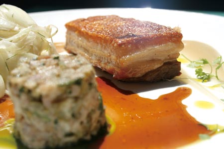 &ldquo;14 hour Greenvale Farm rare breed pork belly&rdquo; with shaved fennel, granny smith apple sauce and pork rillettes  $37