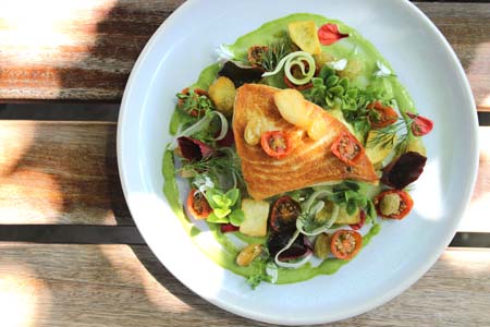 Seared Swordfish, Zucchini, Golden Raisins, Fried Potato &amp; Green Goddess Dressing