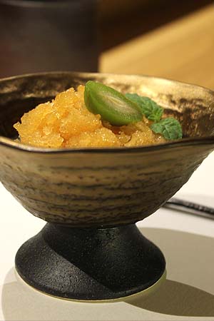 Nigori sake  jelly with  peach and ginger granita