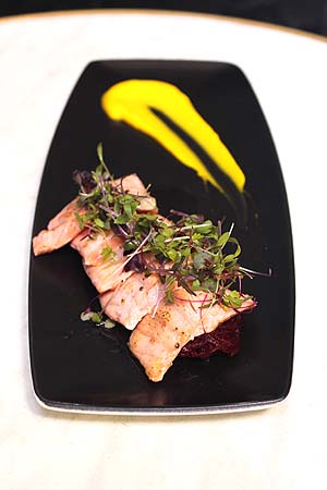 Blowtorched salmon with beetroot, orange &amp; fennel salad &amp; mustard mascarpone