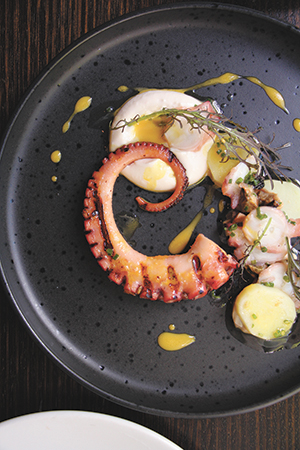 Grilled Octopus, smoked potato, taramosalata, saffron and mussel 