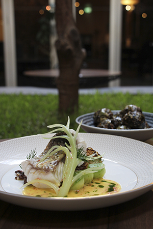 Barramundi, cabbage, cucumber, finger lime butter sauce and  Brussels sprouts, smoked mustard cream