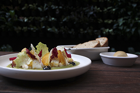 Crab &amp; cuttlefish salad, smoked avocado, blood orange, bitter leaves 