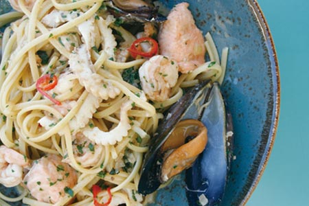 Seafood linguine with calamari, fish, mussels, prawns, chilli &amp; parsley  $29.5