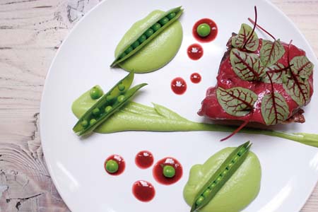 Blackberry glazed dry aged mutton, pea puree, forest berries and bergamot