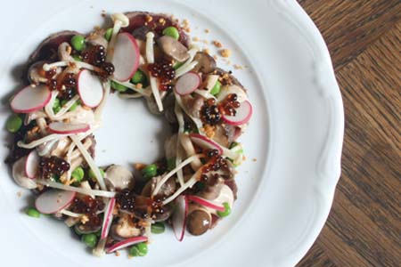 Venison carpaccio, mushrooms &lsquo;A la Greque&rsquo;, hazelnuts