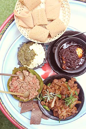 Starter (injera with cattage cheese), Doro Wot, Lamb Tibs, Kitfo