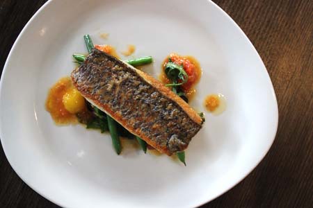 Baked barramundi, grilled fennel and green bean salad, sauce vierge