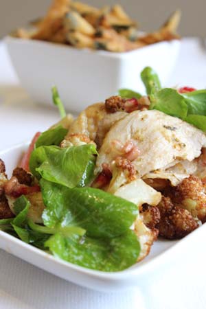 House smoked chicken salad, cauliflower,  pomegranate &amp; Zucchini Fritti