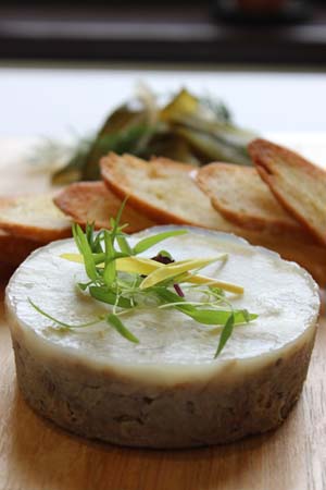 Free range Duck rillette, toasted baguette,  pickled cucumbers