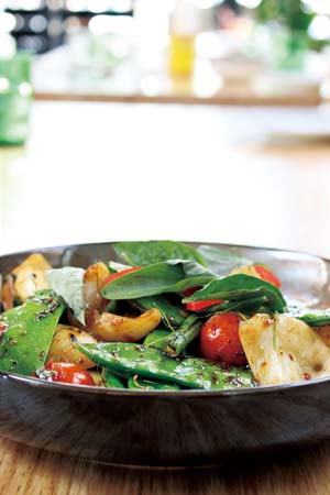 Wok tossed cuttlefish, chilli jam, snake beans &amp; snow peas