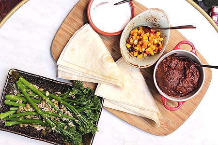 Pulled BBQ beef brisket with roast corn salsa, chilli sour cream &amp; tortillas  &amp; Grilled broccolini with lemon &amp; prpitas