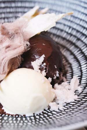 Chocolate chilli ganache, coconut ice cream, almond milk granita