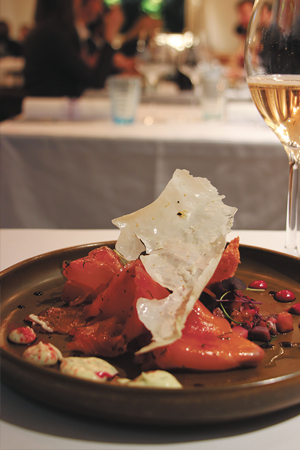 Beetroot cured Ora King salmon gravlax, potato salad, walnut mayonnaise