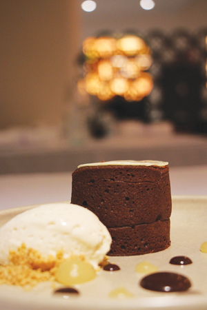 Michel Cluizel chocolate caramel pear fondant, vanilla bean ice crea