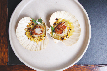 Pan-Seared Scallops, Charred Corn + Oregano Oil 