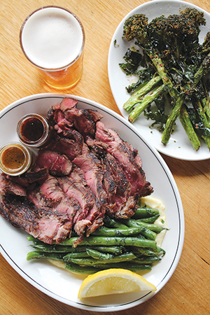 Beef rump $14.5 per 100g and Broccolini, cumin, chili $10.5