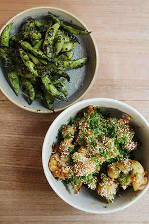 Charred edamame $9 and Sweet n' sour cauli $9