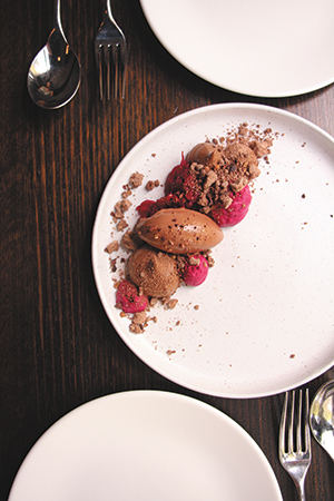 Chocolate custard, soil and sorbet, beetroot compote, coriander seed, cocoa nib